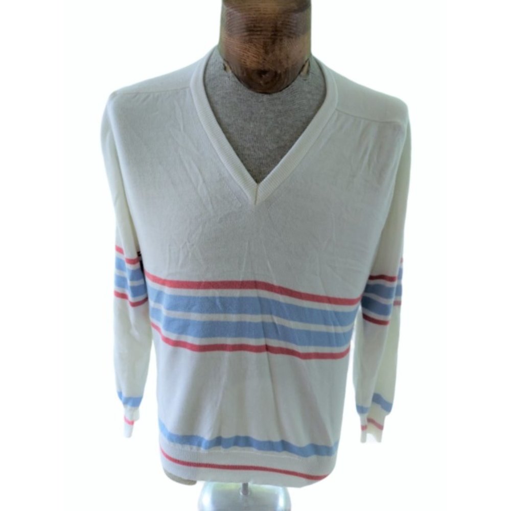 VTG ALMORETT Men's Striped V-Neck Cotton & Acrylic Sweater Size Medium USA